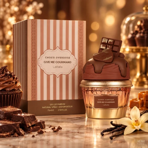 Lattafa Give Me Gourmand Choco Overdose Apă de Parfum Unisex 75 ml – flacon și cutie în decor