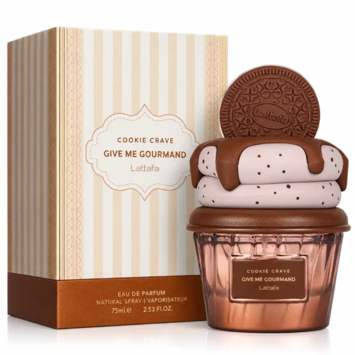 Lattafa Give Me Gourmand Cookie Crave Apă de Parfum Unisex 75 ml – flacon și cutie pe fundal alb