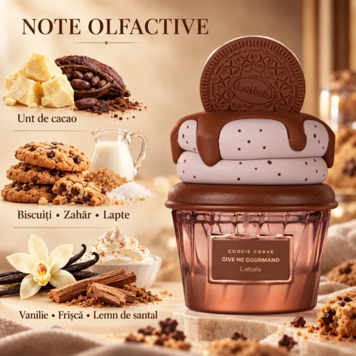 Lattafa Give Me Gourmand Cookie Crave Apă de Parfum Unisex 75 ml – flacon și note olfactive ilustrate
