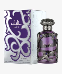 Flacon violet Lattafa Habik Men 100 ml și cutia originală argintie cu detalii violet