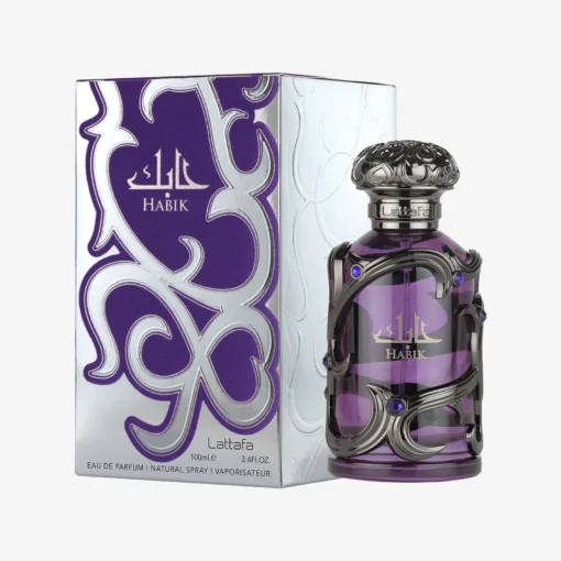 Flacon violet Lattafa Habik Men 100 ml și cutia originală argintie cu detalii violet