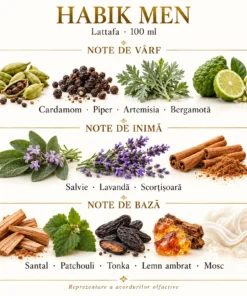 Note Habik Men: cardamom, piper, artemisia, bergamotă, salvie, lavandă, scorțișoară, santal, patchouli, tonka, lemn ambrat și mosc