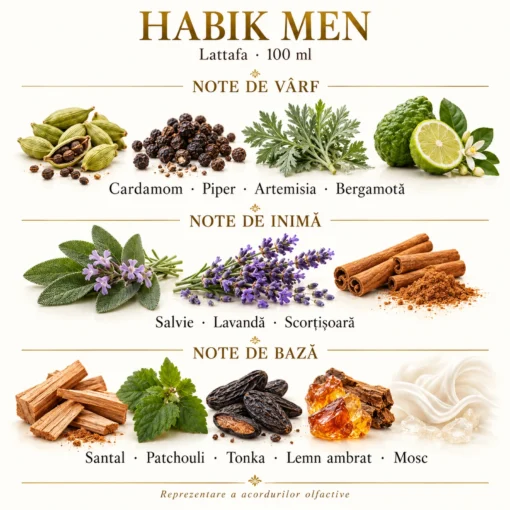 Note Habik Men: cardamom, piper, artemisia, bergamotă, salvie, lavandă, scorțișoară, santal, patchouli, tonka, lemn ambrat și mosc