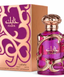 Lattafa Habik Women 100 ml, flacon mov cu ornamente aurii roz și cutie asortată