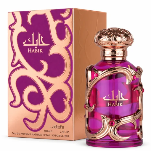 Lattafa Habik Women 100 ml, flacon mov cu ornamente aurii roz și cutie asortată