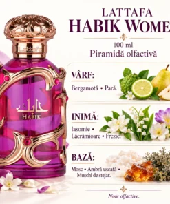 Lattafa Habik Women 100 ml și piramida olfactivă cu bergamotă, pară, iasomie, lăcrămioare și frezie