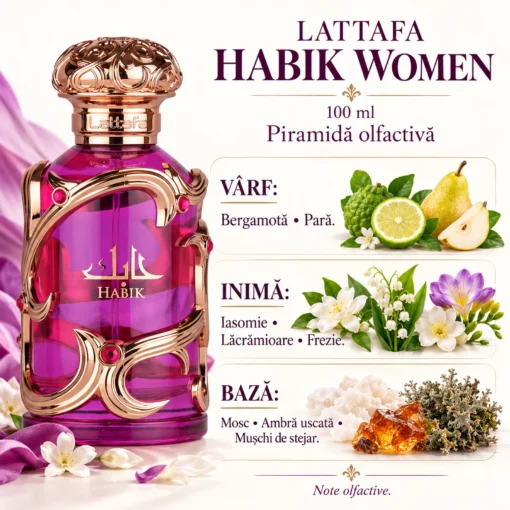 Lattafa Habik Women 100 ml și piramida olfactivă cu bergamotă, pară, iasomie, lăcrămioare și frezie