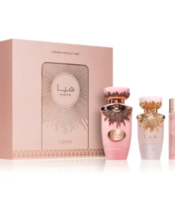 Set cadou Lattafa Haya: apă de parfum 100 ml, mini parfum 12 ml și Hair Mist 50 ml, cu ambalajul original