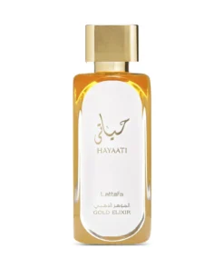 Flacon Lattafa Hayaati Gold Elixir 100 ml pe fundal alb
