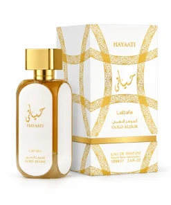 Lattafa Hayaati Gold Elixir 100 ml, flacon auriu cu panouri albe și cutie cu model auriu