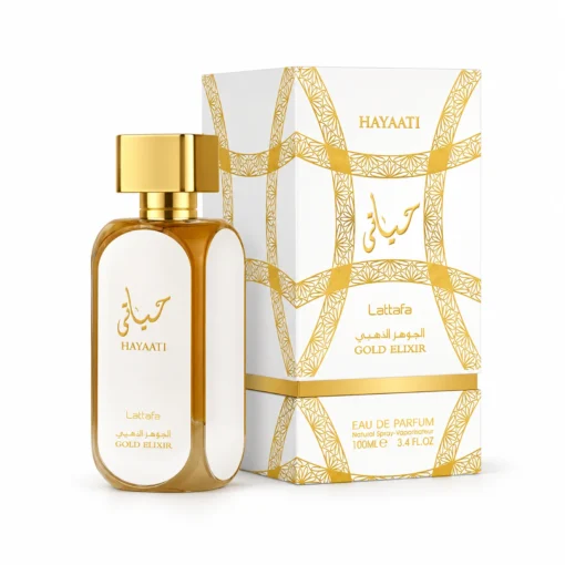 Lattafa Hayaati Gold Elixir 100 ml, flacon auriu cu panouri albe și cutie cu model auriu