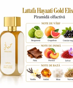 Lattafa Hayaati Gold Elixir 100 ml și piramida olfactivă cu citrice, coacăze negre, piele, piersică și șofran