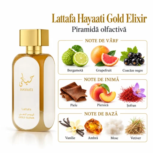 Lattafa Hayaati Gold Elixir 100 ml și piramida olfactivă cu citrice, coacăze negre, piele, piersică și șofran