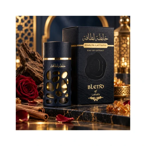 Lattafa Khalta Blend of Lattafa Parfum Unisex 100 ml – flacon deschis, capac și cutie în decor