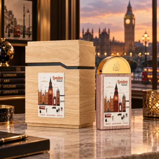 Lattafa Pride London The City of Contrast Apă de Parfum Unisex 100 ml – flacon și cutie în decor
