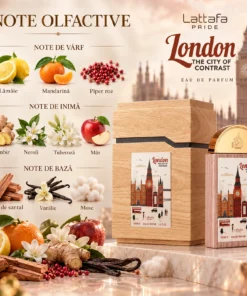 Lattafa Pride London The City of Contrast Apă de Parfum Unisex 100 ml – flacon, cutie și note olfactive ilustrate