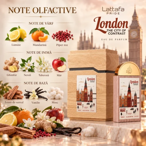Lattafa Pride London The City of Contrast Apă de Parfum Unisex 100 ml – flacon, cutie și note olfactive ilustrate