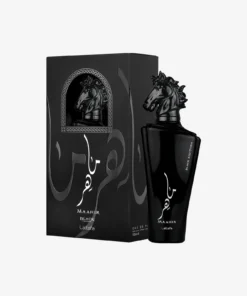Lattafa Maahir Black Edition 100 ml, flacon negru cu capac în formă de cal și cutia originală
