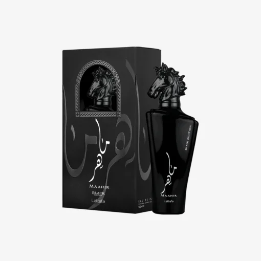 Lattafa Maahir Black Edition 100 ml, flacon negru cu capac în formă de cal și cutia originală