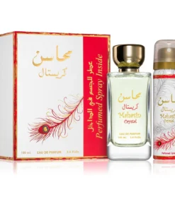 Set cadou Lattafa Mahasin Crystal 100 ml + 50 ml, flacon și spray lângă cutie, pe fundal alb