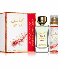Lattafa Mahasin Crystal Set Cadou Femei 100 ml + 50 ml – prezentare produs pe fundal neutru