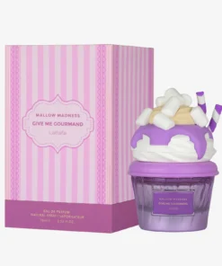 Lattafa Mallow Madness 75 ml, flacon violet cu capac decorativ marshmallow și cutia roz