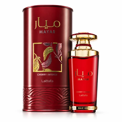Lattafa Mayar Cherry Intense 100 ml, flacon roșu cu detalii aurii și cutie cilindrică bordo