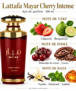 Lattafa Mayar Cherry Intense 100 ml și piramida olfactivă cu căpșună, bergamotă, dulceață de cireșe și cacao
