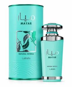 Lattafa Mayar Natural Intense 100 ml, flacon turcoaz cu detalii argintii și cutie cilindrică verde