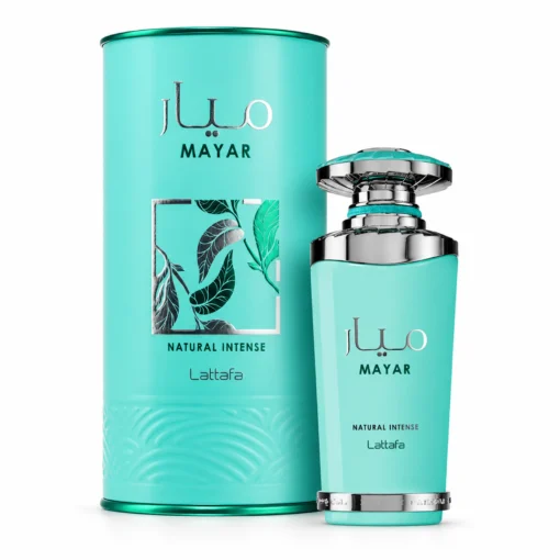 Lattafa Mayar Natural Intense 100 ml, flacon turcoaz cu detalii argintii și cutie cilindrică verde