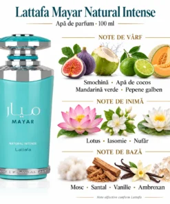Lattafa Mayar Natural Intense 100 ml și piramida olfactivă cu smochină, apă de cocos, lotus și santal