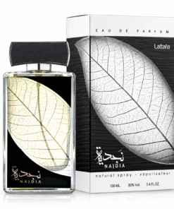 Lattafa Najdia apă de parfum 100 ml, flacon cu capac negru și cutie cu model de frunză