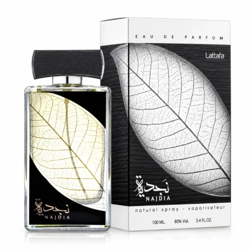 Lattafa Najdia apă de parfum 100 ml, flacon cu capac negru și cutie cu model de frunză