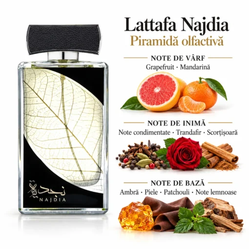 Flacon Lattafa Najdia 100 ml și piramida olfactivă: citrice, trandafir, scorțișoară, ambră, piele și note lemnoase