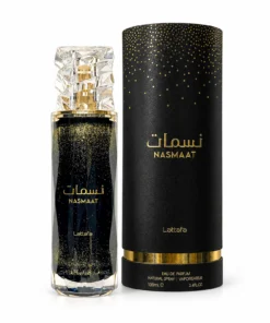 Lattafa Nasmaat apă de parfum 100 ml, flacon negru cu detalii aurii și cutie cilindrică
