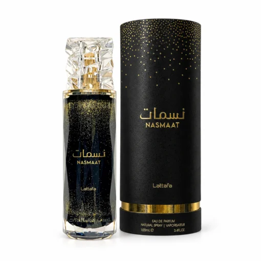 Lattafa Nasmaat apă de parfum 100 ml, flacon negru cu detalii aurii și cutie cilindrică