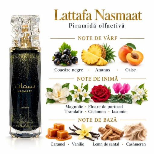 Flacon Lattafa Nasmaat 100 ml și piramida olfactivă cu fructe, flori, caramel, vanilie, santal și Cashmeran