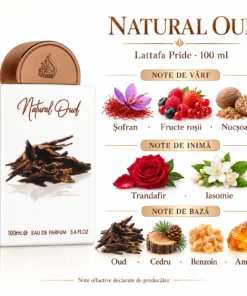 Lattafa Natural Oud 100 ml – piramidă olfactivă cu șofran, fructe roșii, nucșoară, trandafir, iasomie și note lemnoase