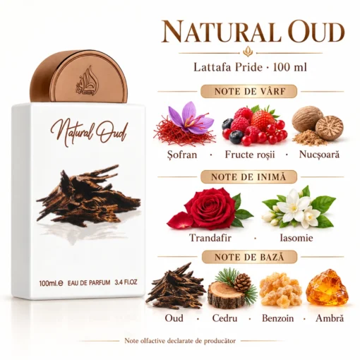 Lattafa Natural Oud 100 ml – piramidă olfactivă cu șofran, fructe roșii, nucșoară, trandafir, iasomie și note lemnoase