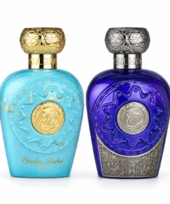 Flacoane Lattafa Opulent Dubai și Opulent Blue Elixir 2 × 100 ml pe fundal alb