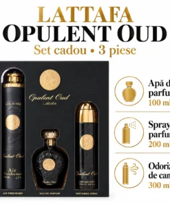 Set Lattafa Opulent Oud cu apă de parfum 100 ml, spray parfumat 200 ml și odorizant de cameră 300 ml
