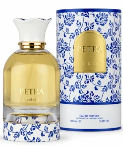 Lattafa Petra 100 ml – flacon cu bază alb-albastră și cutie cilindrică originală