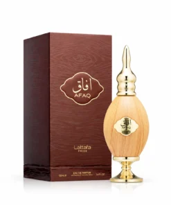 Lattafa Pride Afaq Gold 100 ml, flacon cu finisaj de lemn și cutie maro