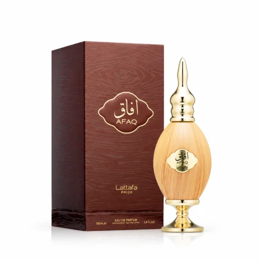 Lattafa Pride Afaq Gold 100 ml, flacon cu finisaj de lemn și cutie maro