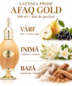 Piramida Afaq Gold: pară, coacăz negru, tuberoză, iasomie, Cashmeran și santal