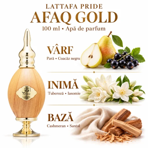 Piramida Afaq Gold: pară, coacăz negru, tuberoză, iasomie, Cashmeran și santal
