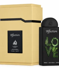 Flacon negru Lattafa Pride Affection 100 ml alături de cutia aurie
