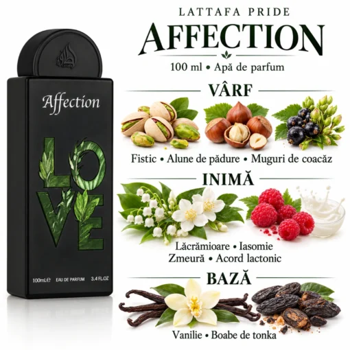Note Lattafa Pride Affection: fistic, alune, muguri de coacăz, flori albe, zmeură, acord lactonic, vanilie și tonka