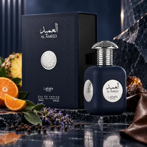 Lattafa Pride Al Ameed Silver Apă de Parfum Bărbați 100 ml – flacon și cutie în decor