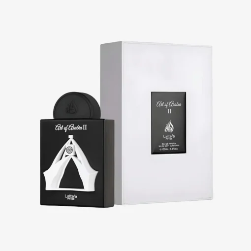 Flacon negru Lattafa Pride Art of Arabia II 100 ml și cutia originală albă